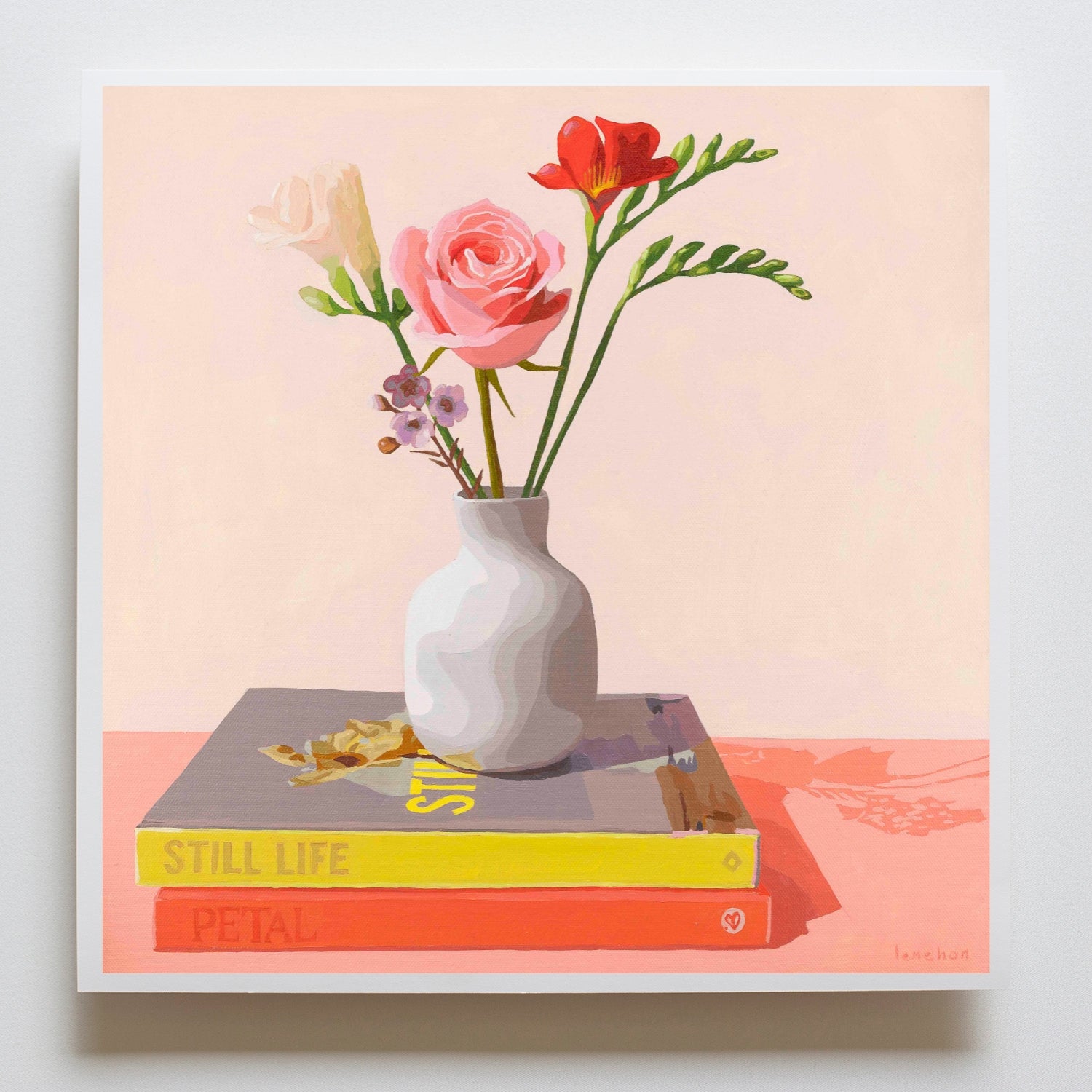 Art print of a still life scene with flowers in a vase on books against a light creamy background.
