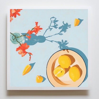 fine art paper print of a colorful and modern original oil painting of bright orange lemons and red orange flowers on a light sky blue background with strong darker blue shadows