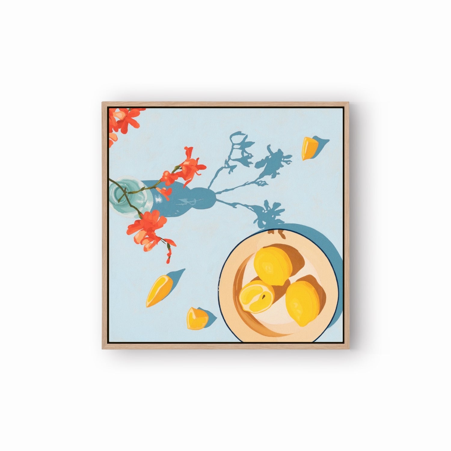 fine art paper print of a colorful and modern original oil painting of bright orange lemons and red orange flowers on a light sky blue background with strong darker blue shadows