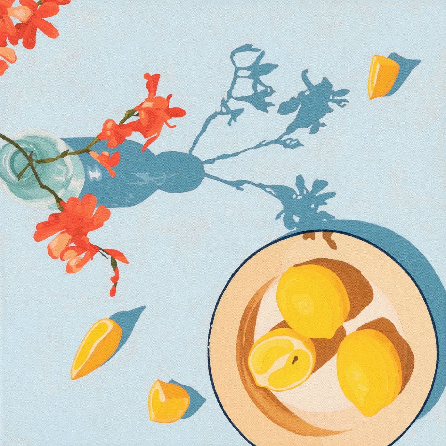 fine art paper print of a colorful and modern original oil painting of bright orange lemons and red orange flowers on a light sky blue background with strong darker blue shadows