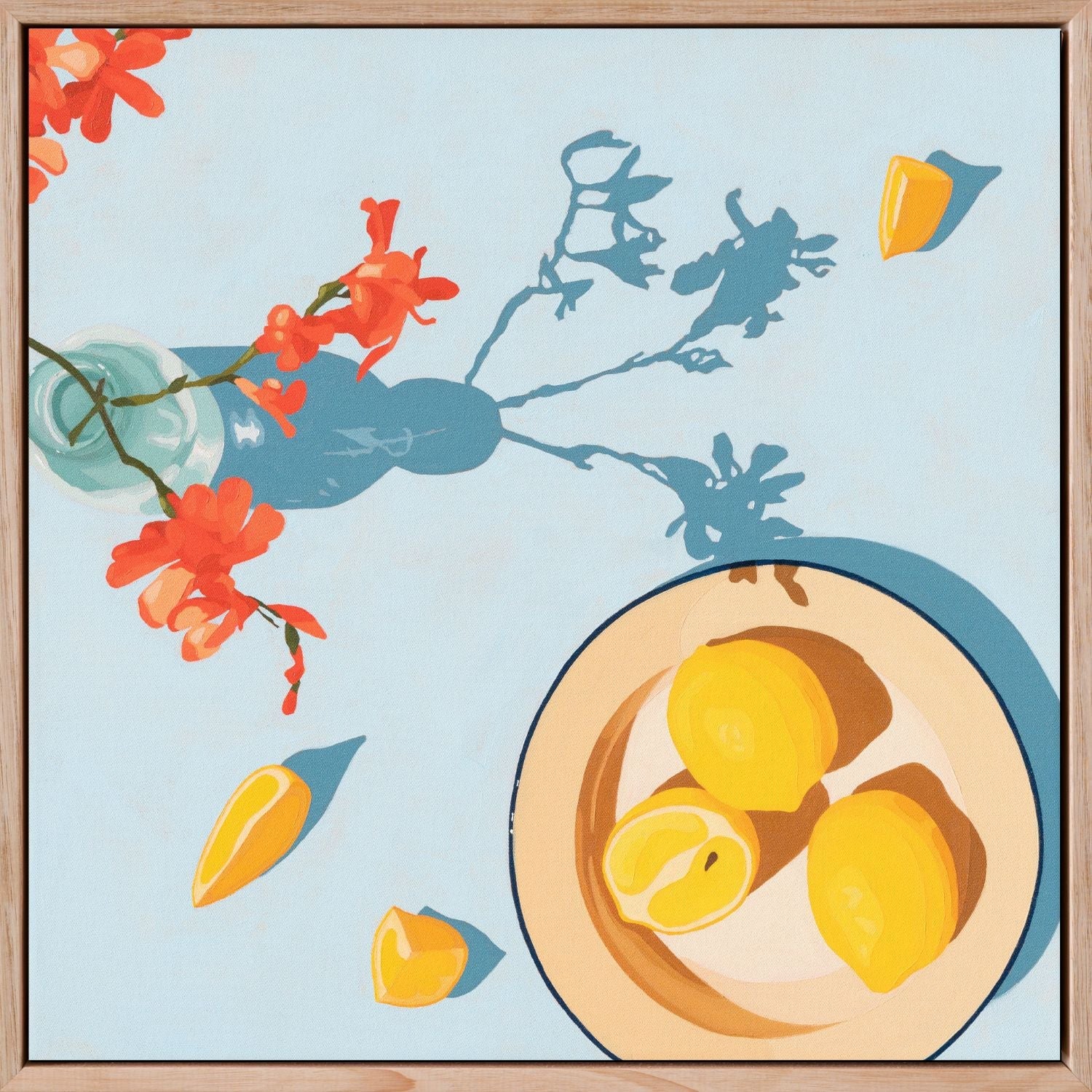 fine art paper print of a colorful and modern original oil painting of bright orange lemons and red orange flowers on a light sky blue background with strong darker blue shadows