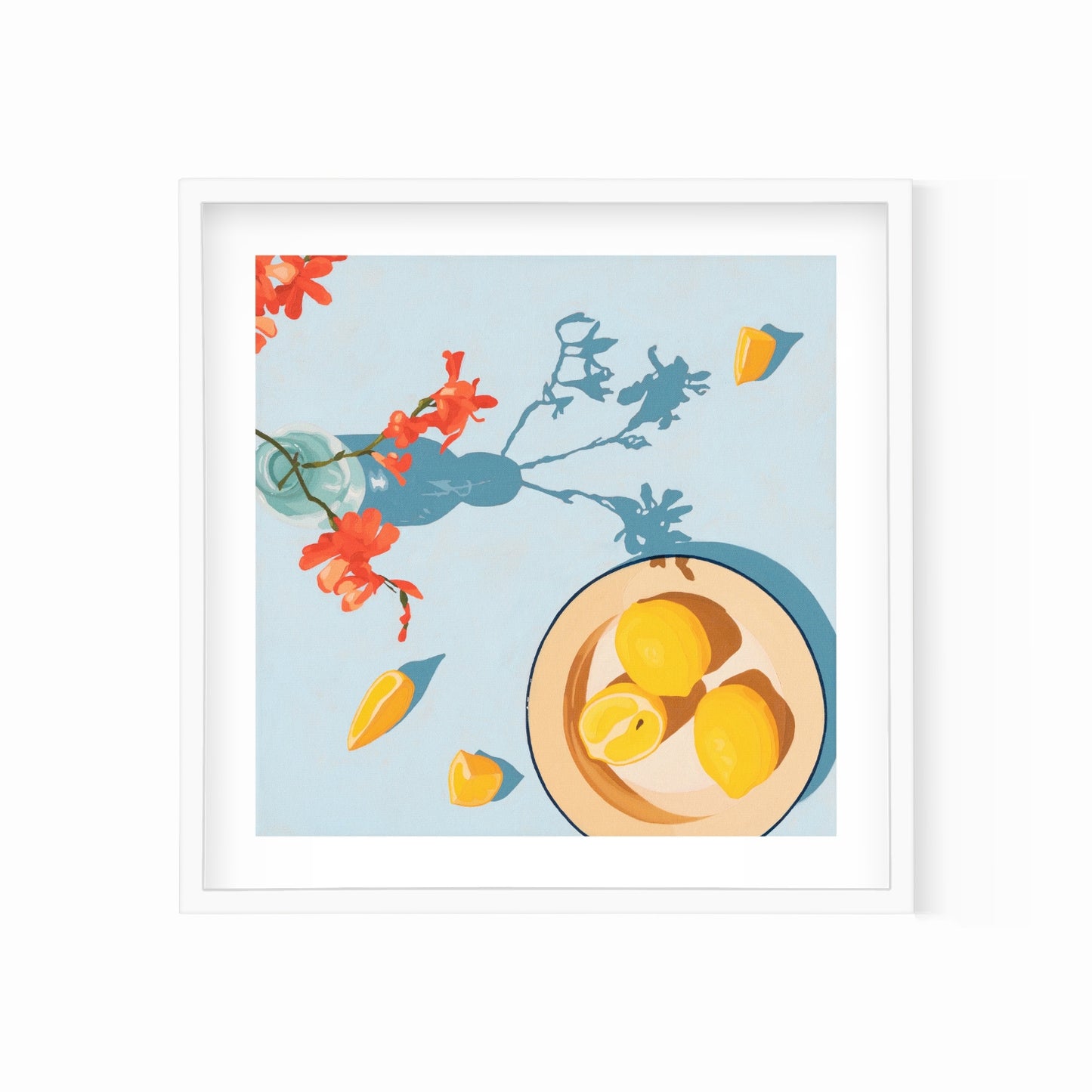 fine art paper print of a colorful and modern original oil painting of bright orange lemons and red orange flowers on a light sky blue background with strong darker blue shadows