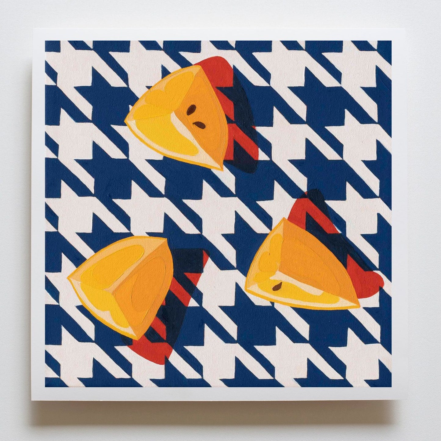 fine art print of a colorful and modern original oil painting of bright yellow lemons on a navy and white houndstooth background with strong shadows