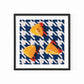 fine art print of a colorful and modern original oil painting of bright yellow lemons on a navy and white houndstooth background with strong shadows