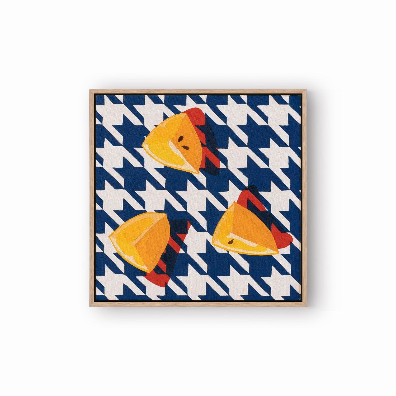 fine art print of a colorful and modern original oil painting of bright yellow lemons on a navy and white houndstooth background with strong shadows