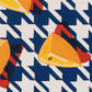 fine art print of a colorful and modern original oil painting of bright yellow lemons on a navy and white houndstooth background with strong shadows