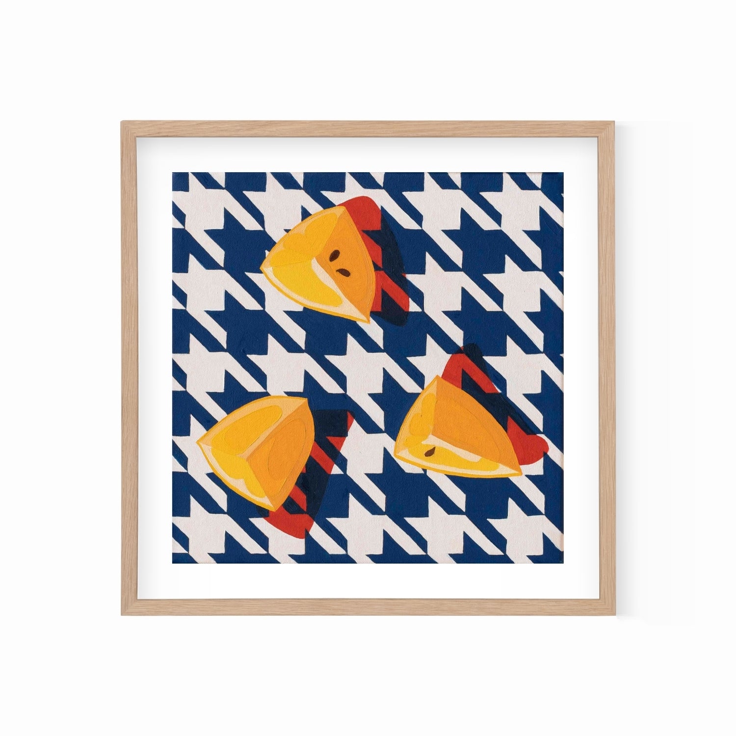 fine art print of a colorful and modern original oil painting of bright yellow lemons on a navy and white houndstooth background with strong shadows