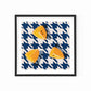 fine art print of a colorful and modern original oil painting of bright yellow lemons on a houndstooth navy blue and white background with strong shadows