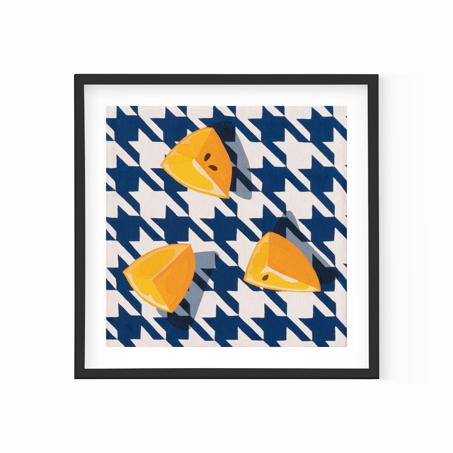 fine art print of a colorful and modern original oil painting of bright yellow lemons on a houndstooth navy blue and white background with strong shadows