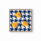 fine art print of a colorful and modern original oil painting of bright yellow lemons on a houndstooth navy blue and white background with strong shadows