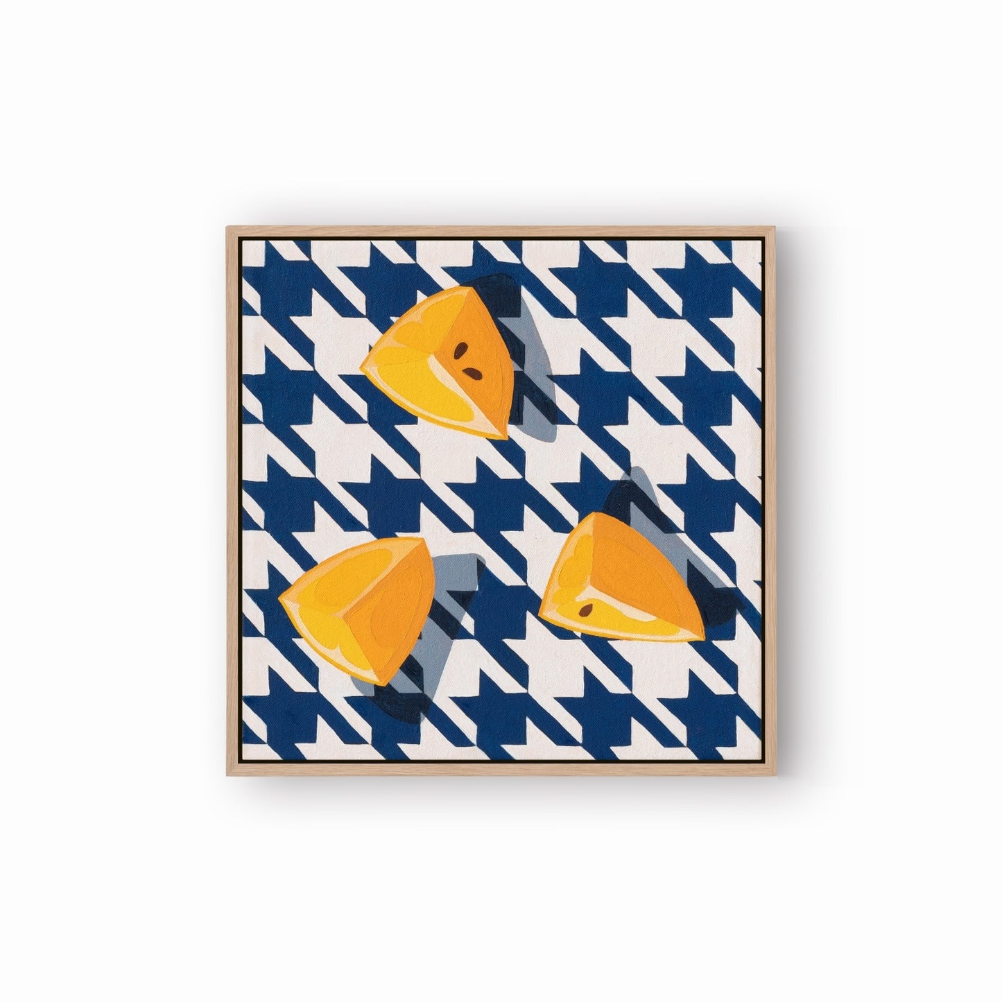 fine art print of a colorful and modern original oil painting of bright yellow lemons on a houndstooth navy blue and white background with strong shadows