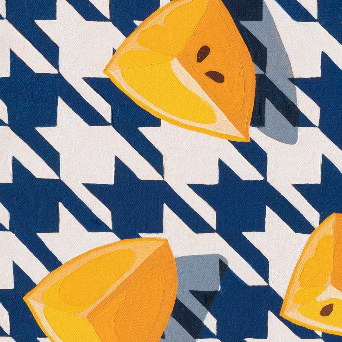 fine art print of a colorful and modern original oil painting of bright yellow lemons on a houndstooth navy blue and white background with strong shadows