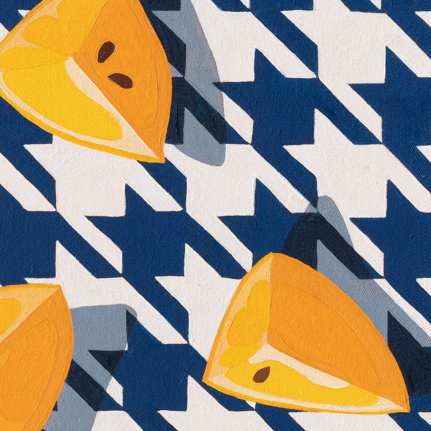 fine art print of a colorful and modern original oil painting of bright yellow lemons on a houndstooth navy blue and white background with strong shadows