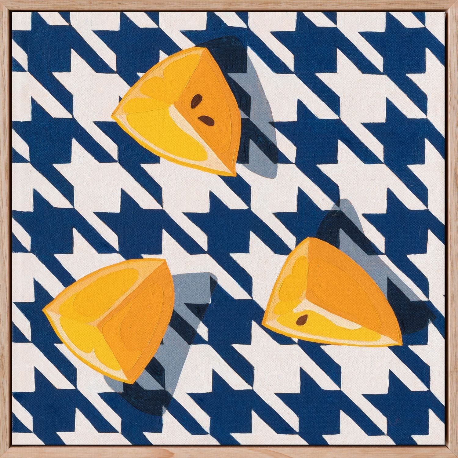 fine art print of a colorful and modern original oil painting of bright yellow lemons on a houndstooth navy blue and white background with strong shadows