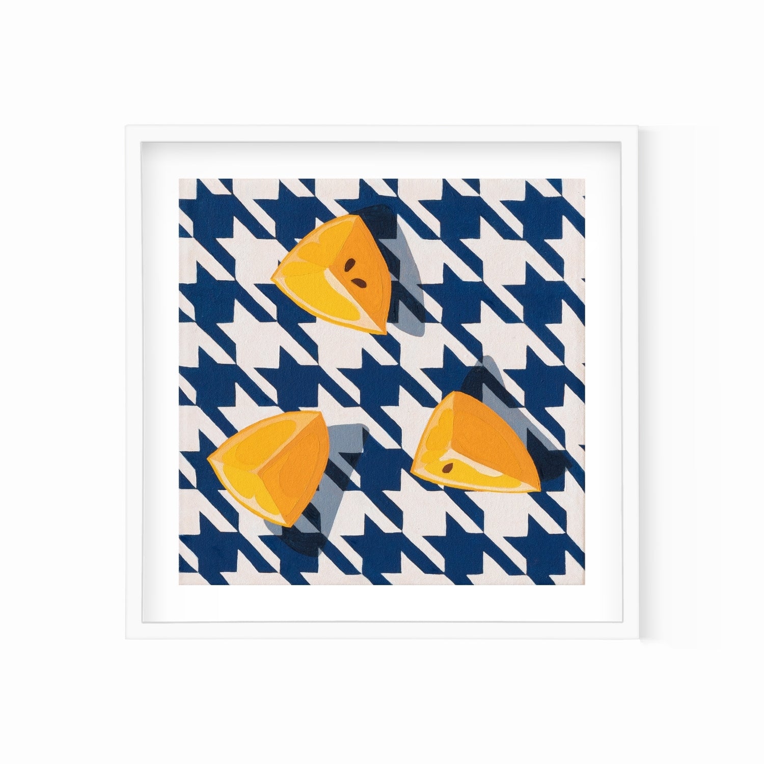 fine art print of a colorful and modern original oil painting of bright yellow lemons on a houndstooth navy blue and white background with strong shadows