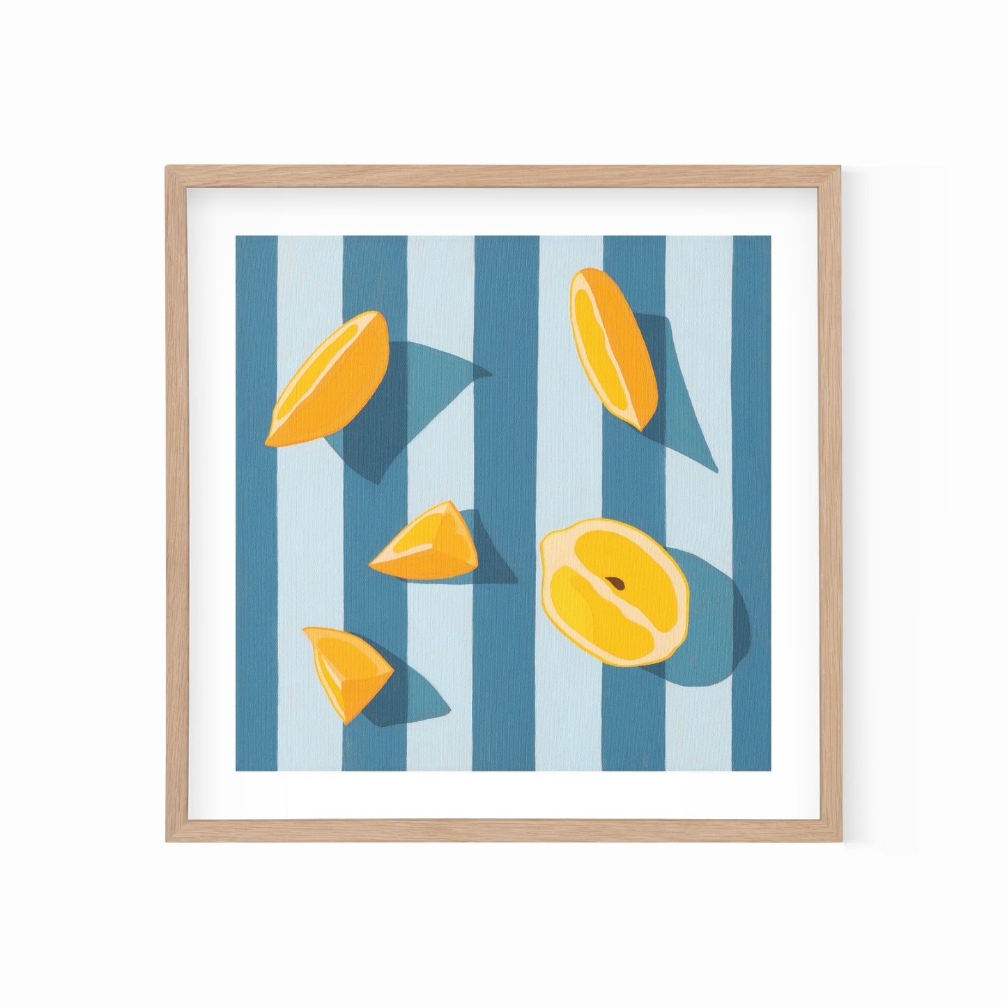 fine art print of a colorful and modern original oil painting of bright yellow lemons on a stripy light sky blue and blue background with strong darker blue shadows