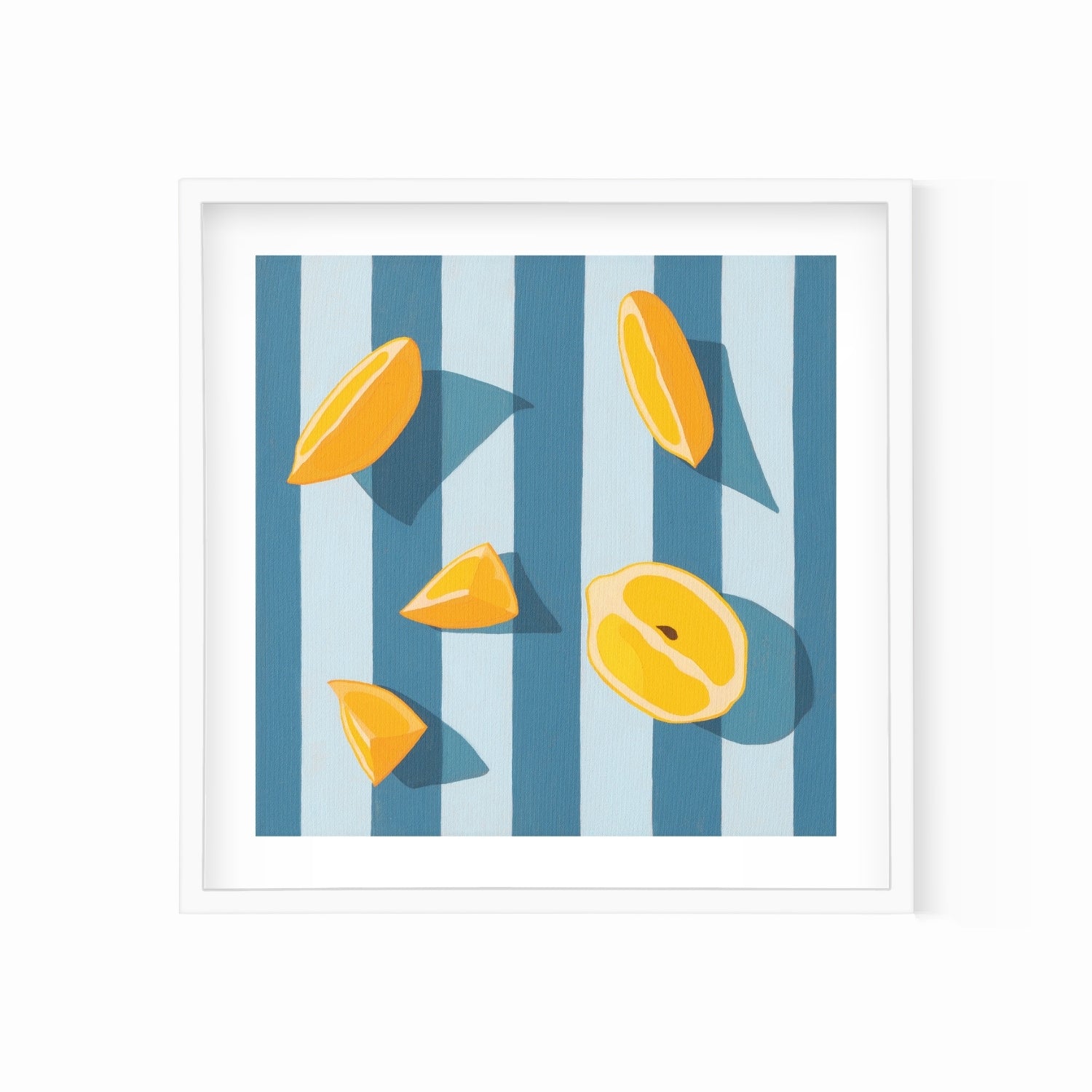fine art print of a colorful and modern original oil painting of bright yellow lemons on a stripy light sky blue and blue background with strong darker blue shadows
