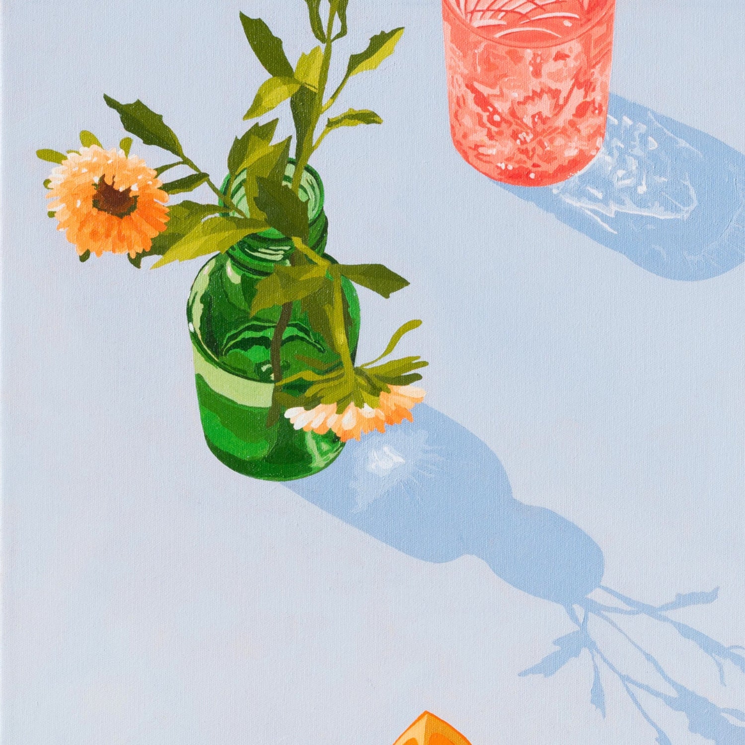 contemporary modern original oil painting of colourful fruits and flowers on a soft sky blue background
