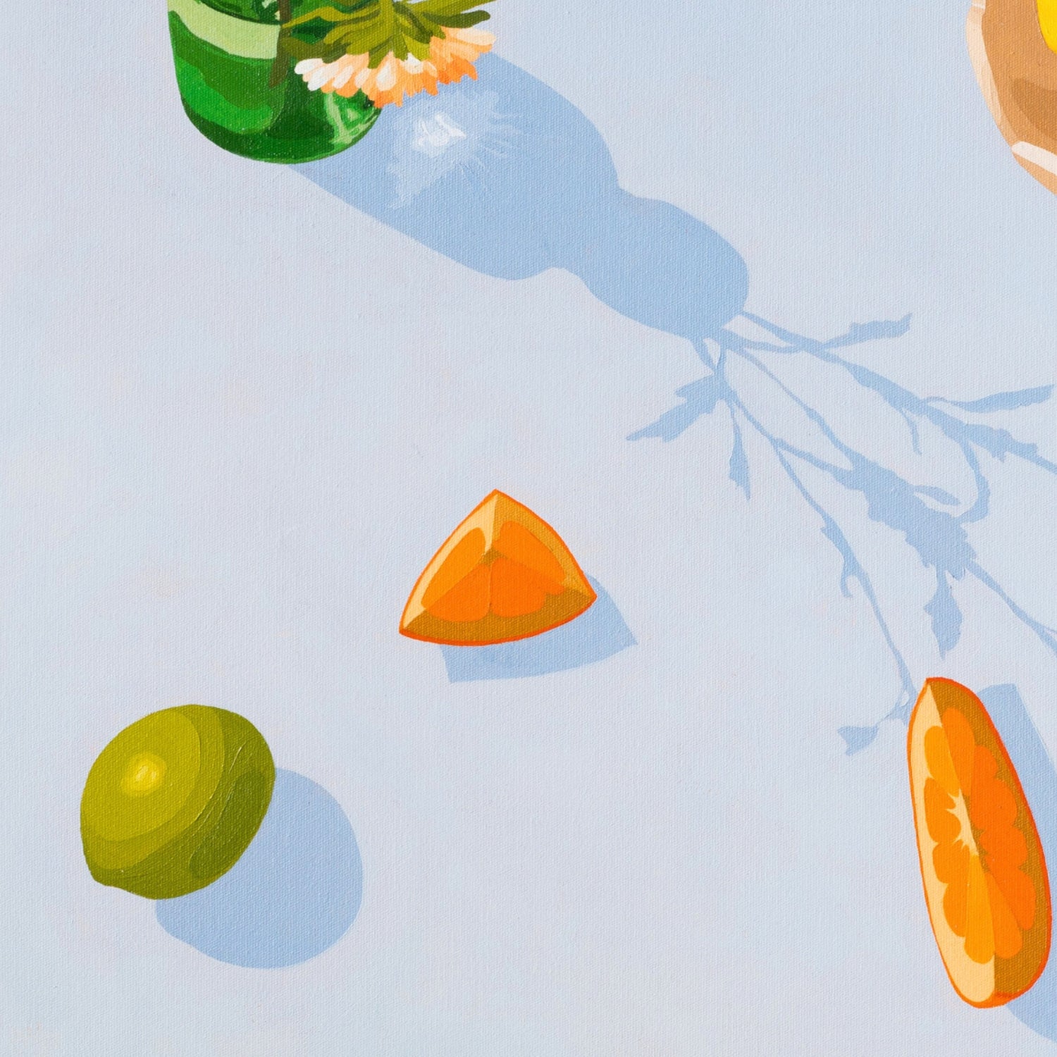 contemporary modern original oil painting of colourful fruits and flowers on a soft sky blue background