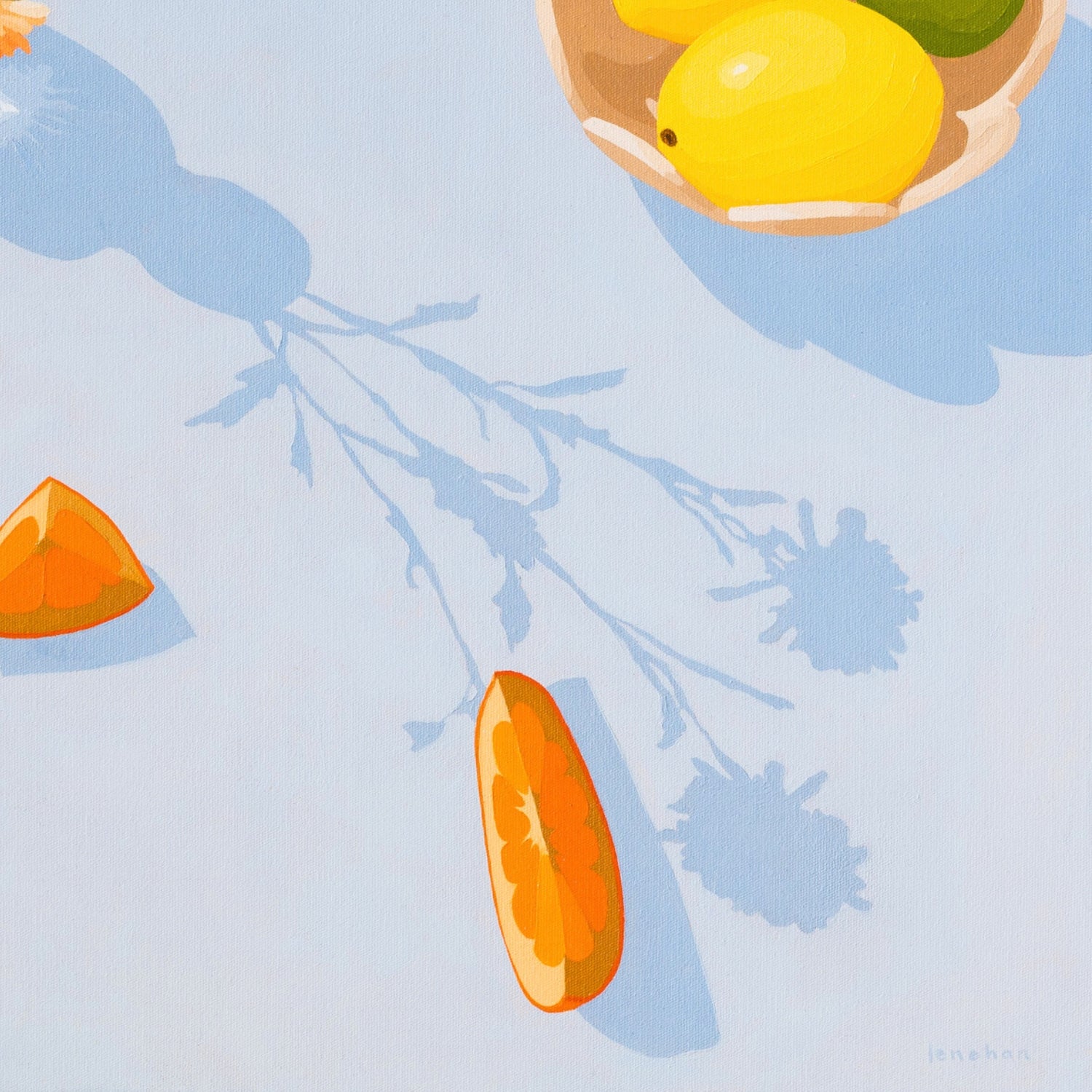 contemporary modern original oil painting of colourful fruits and flowers on a soft sky blue background