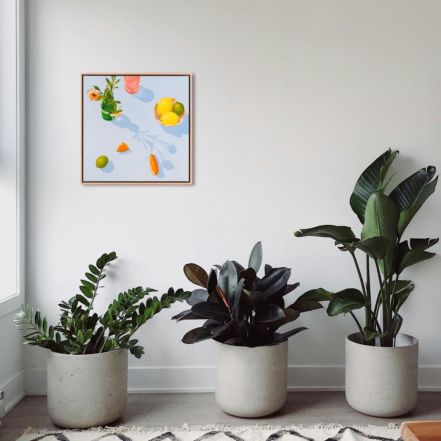contemporary modern original oil painting of colourful fruits and flowers on a soft sky blue background