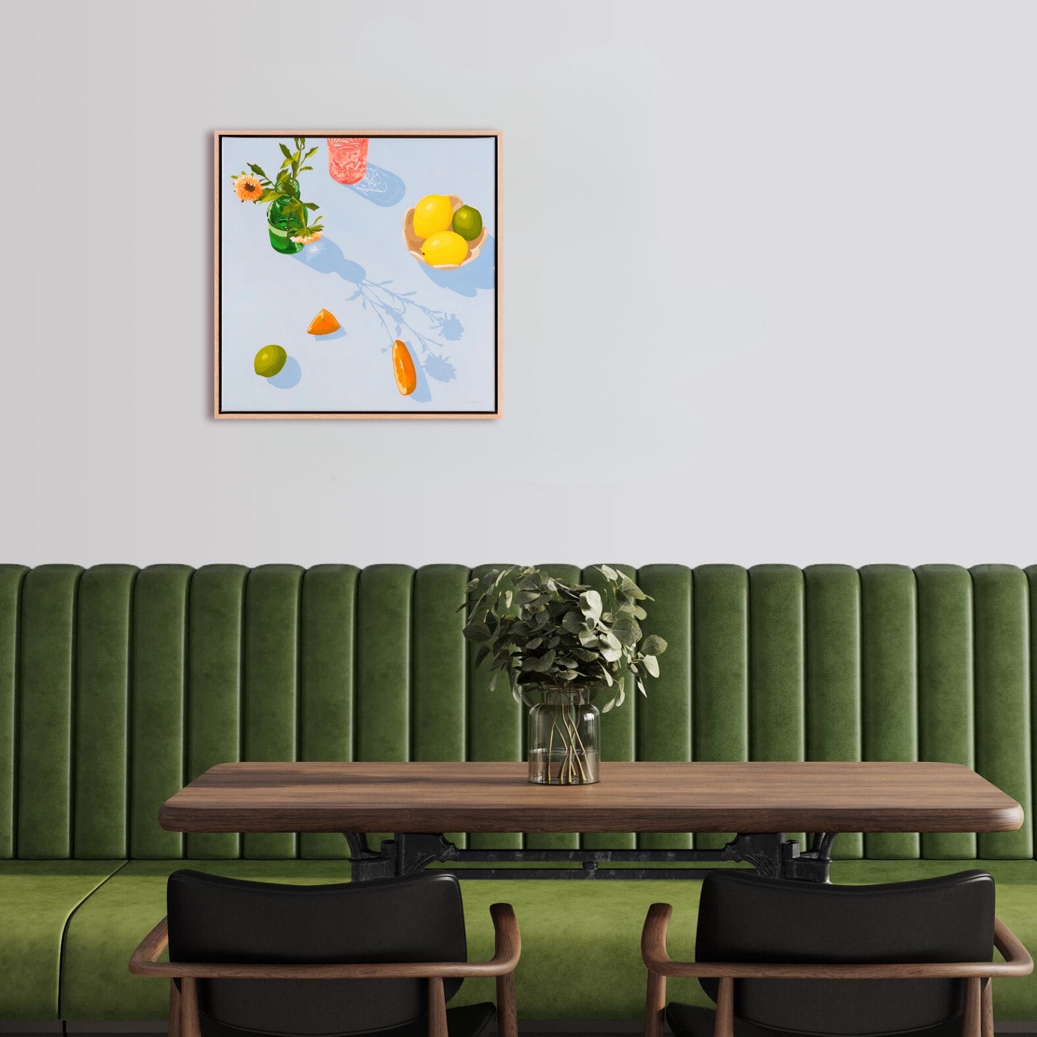 contemporary modern original oil painting of colourful fruits and flowers on a soft sky blue background