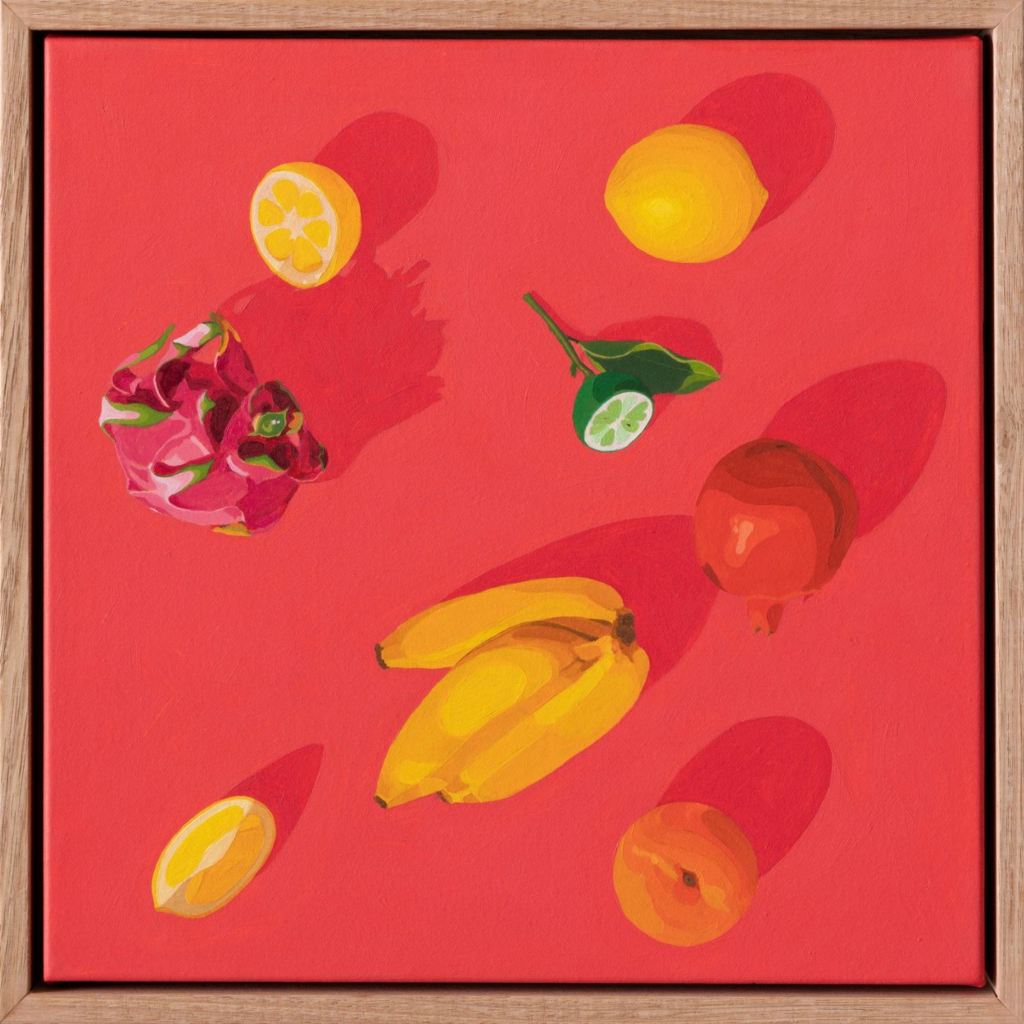 original oil painting of fresh fruits like bananas, lemons, dragonfruit, pomegranate, lime and apricot on a vibrant and bright red background with beautiful shadows