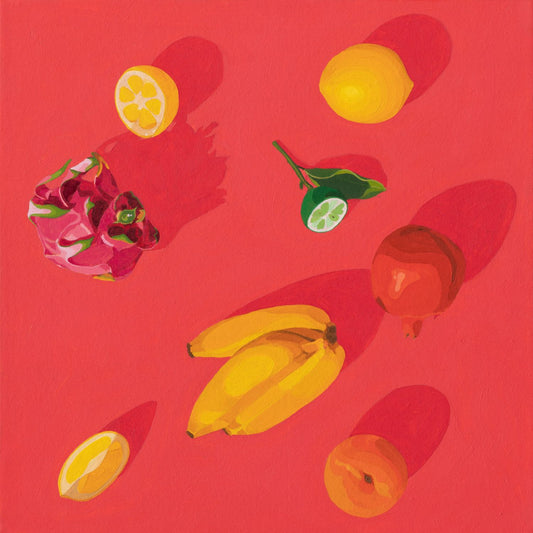 original oil painting of fresh fruits like bananas, lemons, dragonfruit, pomegranate, lime and apricot on a vibrant and bright red background with beautiful shadows