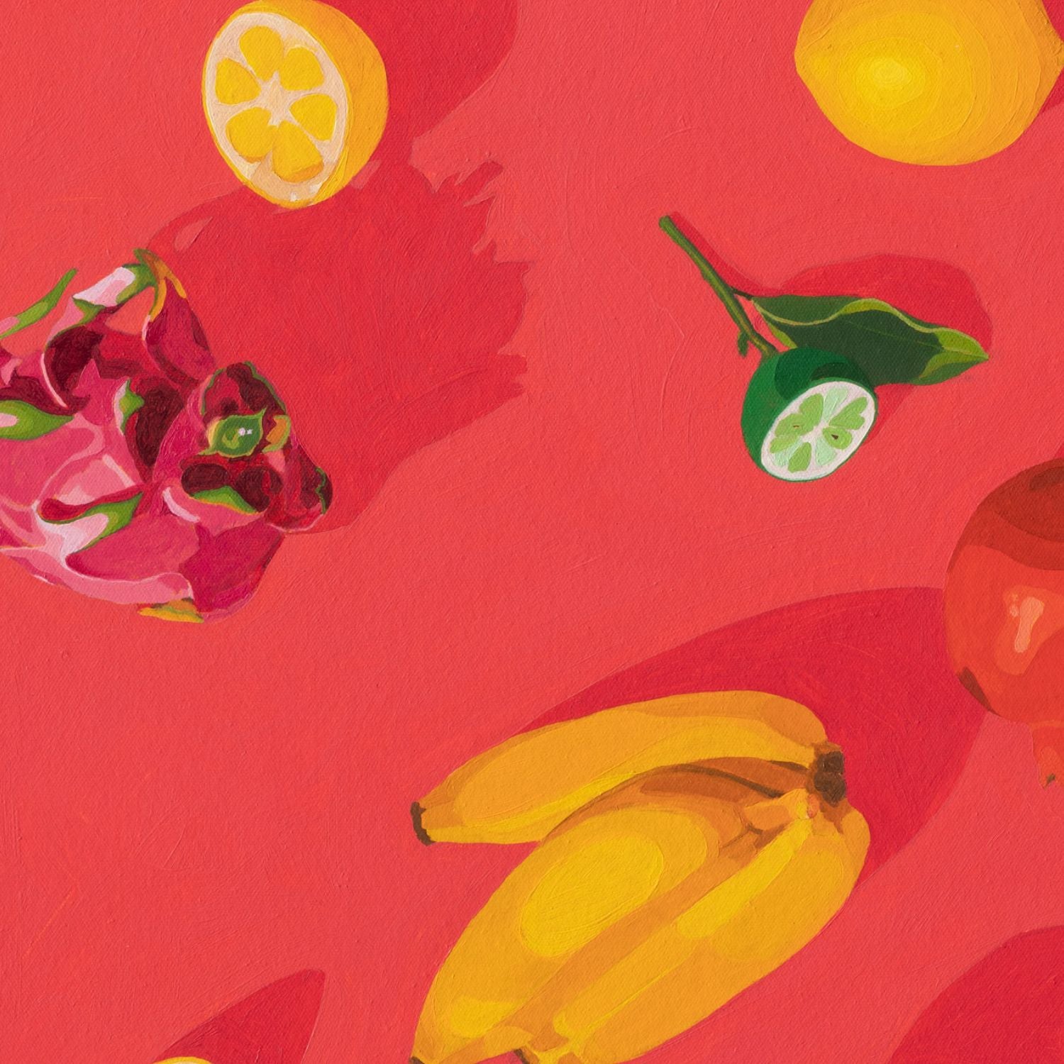 closeup of an original oil painting of fresh fruits like bananas, lemons, dragonfruit, pomegranate, lime and apricot on a vibrant and bright red background with beautiful shadows
