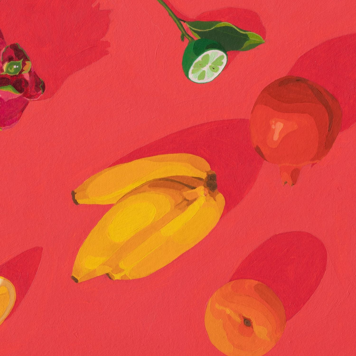closeup of an original oil painting of fresh fruits like bananas, lemons, dragonfruit, pomegranate, lime and apricot on a vibrant and bright red background with beautiful shadows