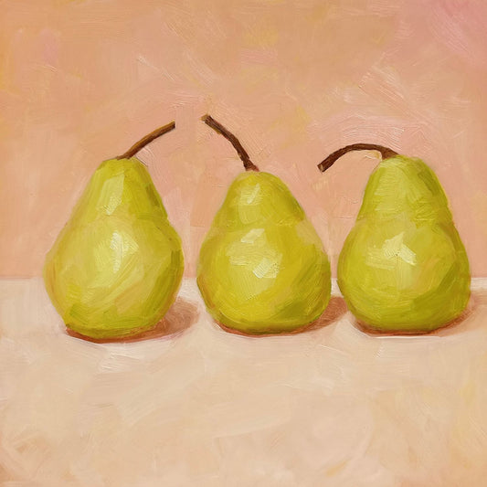 modern and contemporary oil painting of three soft green pears on a soft peach and cream background