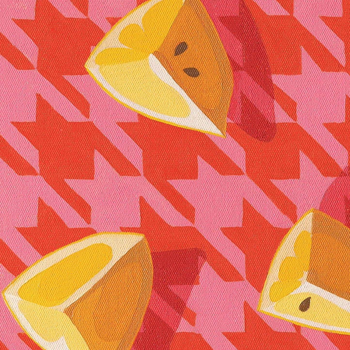 closeup of a fine art paper print of an original oil painting of three wedges of lemon on a pink and red houndstooth background