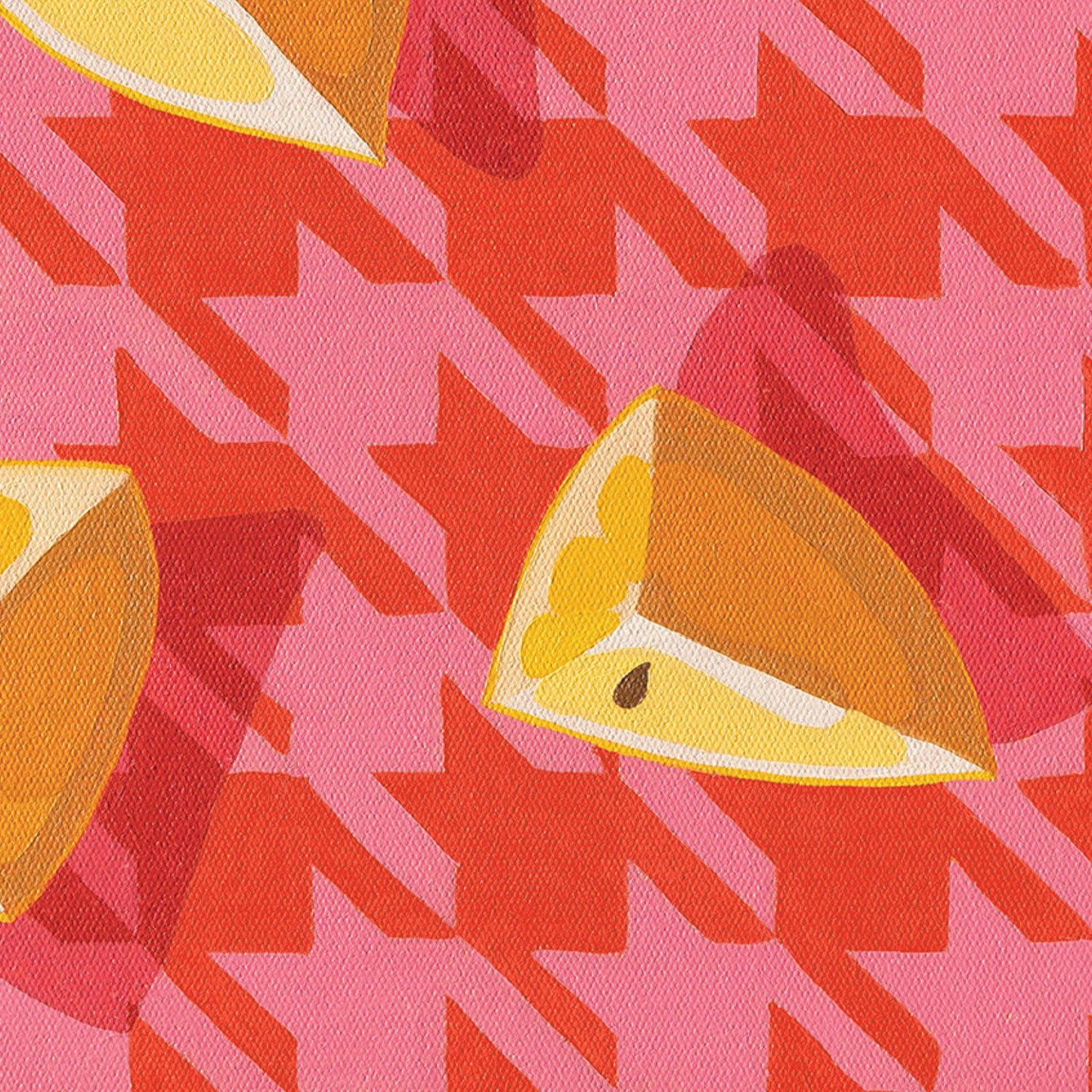closeup of a fine art paper print of an original oil painting of three wedges of lemon on a pink and red houndstooth background