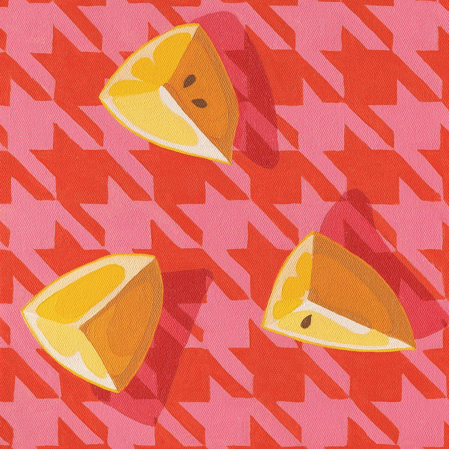 fine art print of a colorful and modern original oil painting of bright and vibrant yellow lemons on a pink and red houndstooth background with shadows