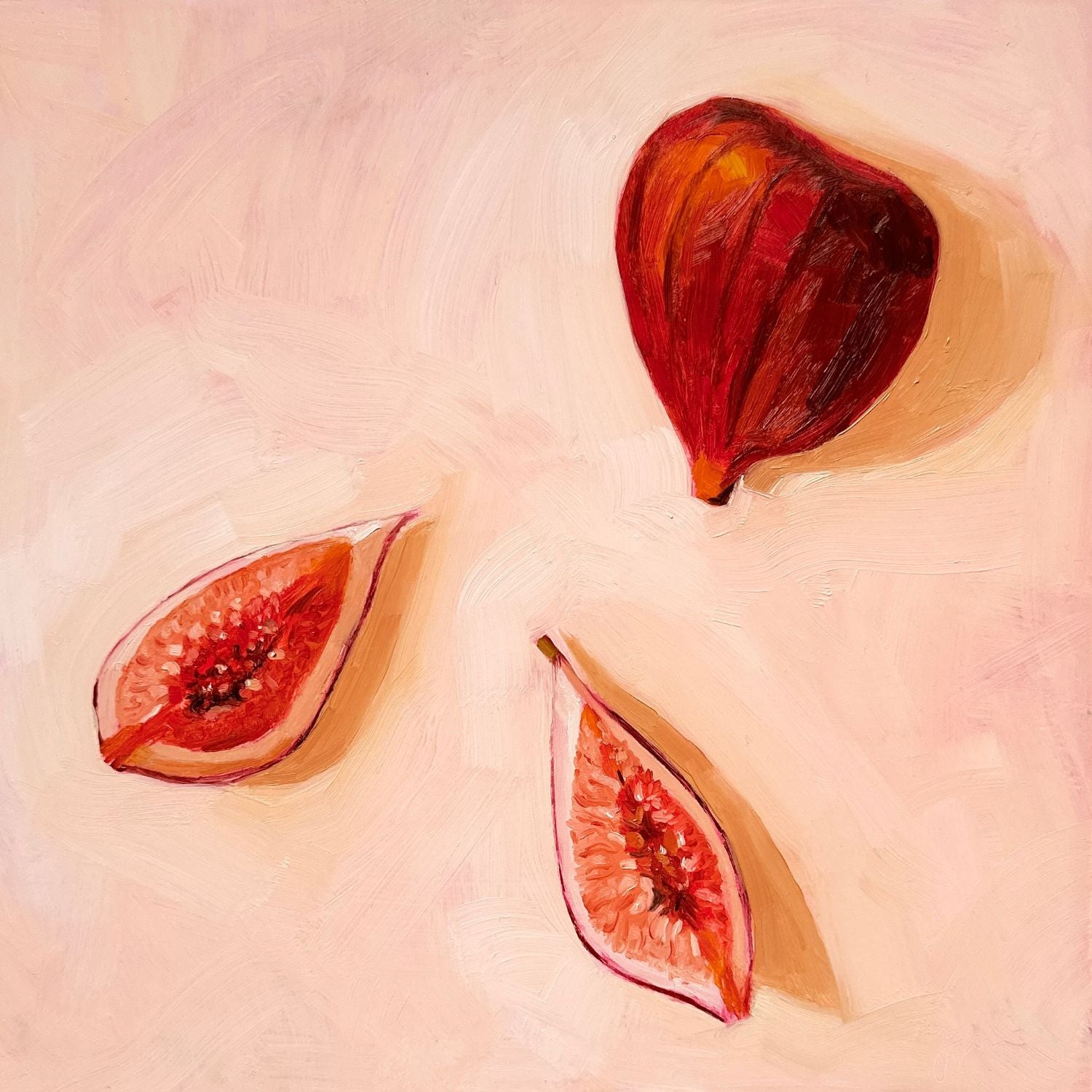 modern and contemporary original oil painting of juicy and colourful, bright and vibrant red fig fruits on a textured soft creamy background with strong shadows