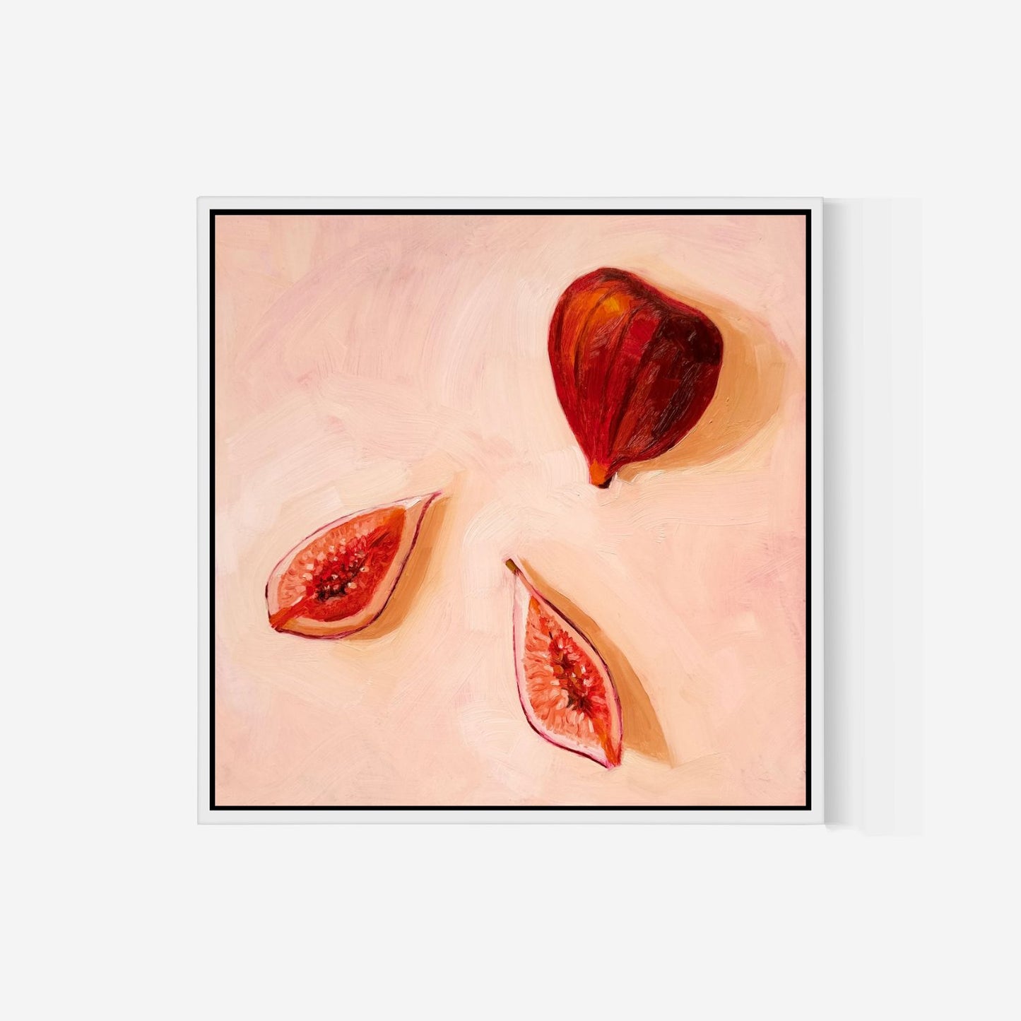 modern and contemporary original oil painting of juicy and colourful, bright and vibrant red fig fruits on a textured soft creamy background with strong shadows