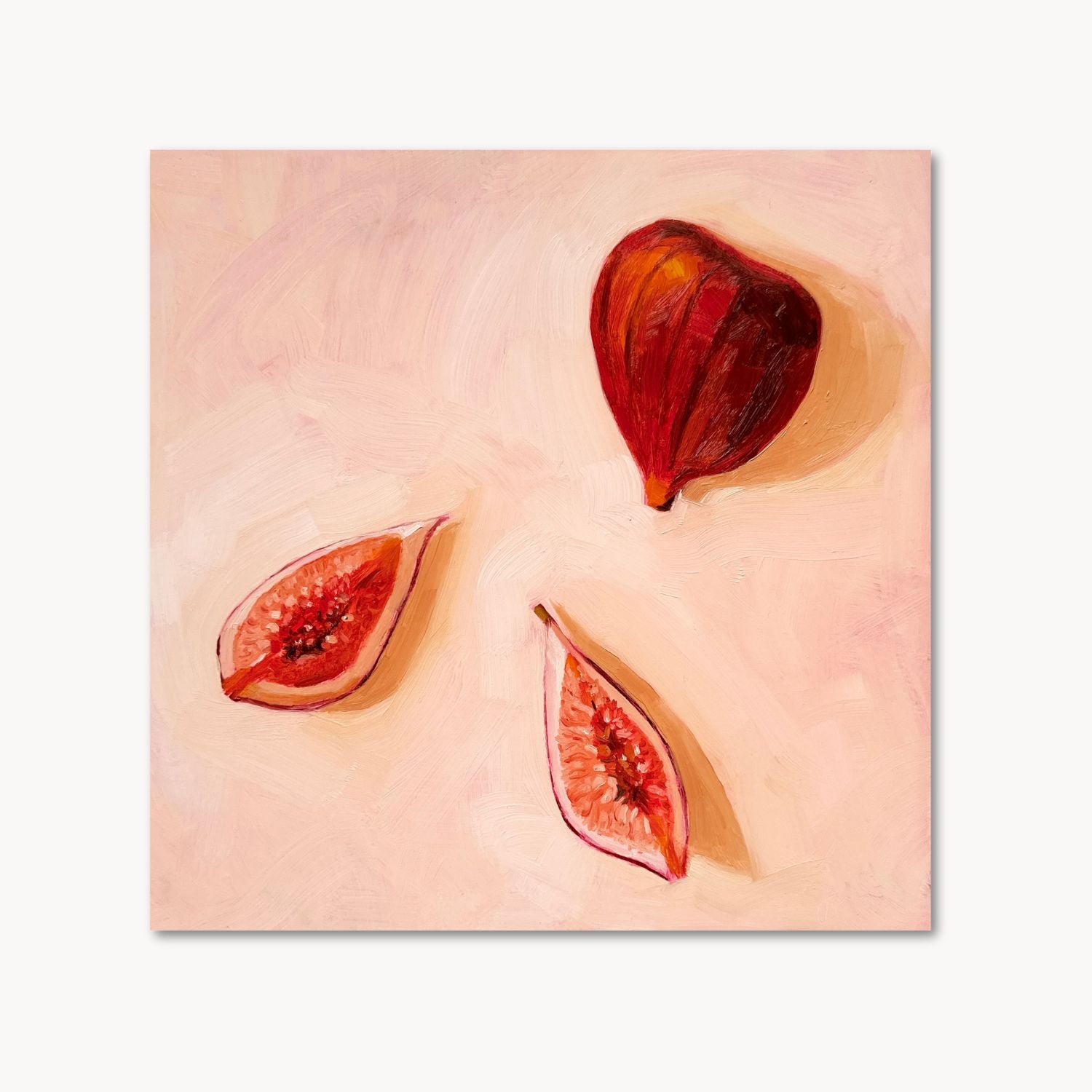 modern and contemporary original oil painting of juicy and colourful, bright and vibrant red fig fruits on a textured soft creamy background with strong shadows