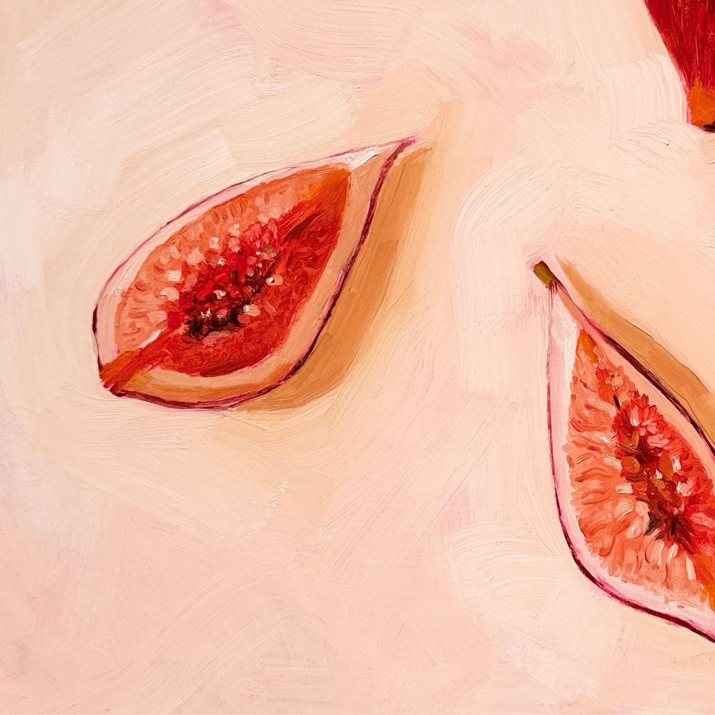 modern and contemporary original oil painting of juicy and colourful, bright and vibrant red fig fruits on a textured soft creamy background with strong shadows