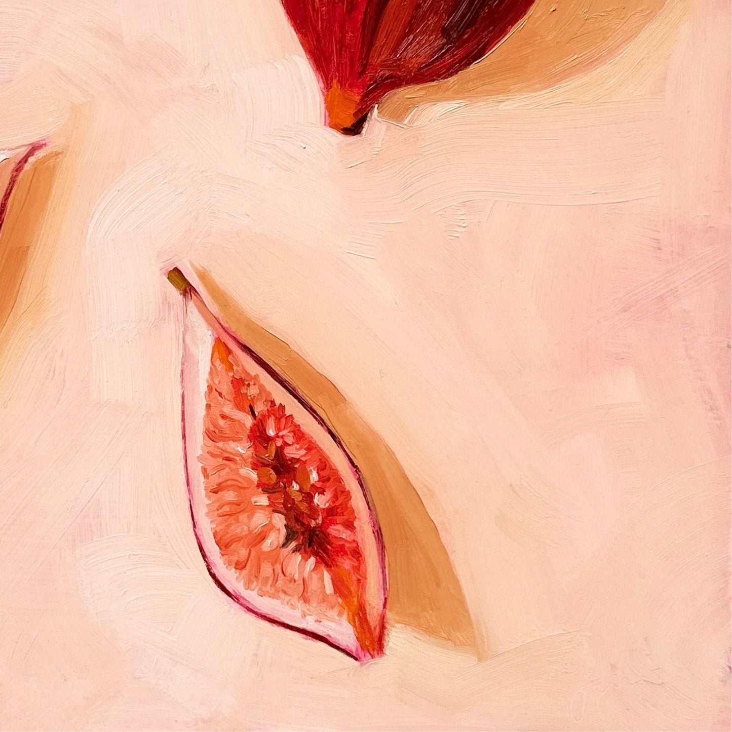 modern and contemporary original oil painting of juicy and colourful, bright and vibrant red fig fruits on a textured soft creamy background with strong shadows