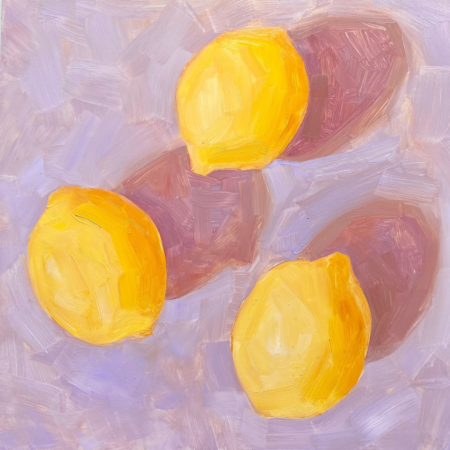 original oil painting of three vibrant lemons with strong dark pink shadows on a textured lilac background