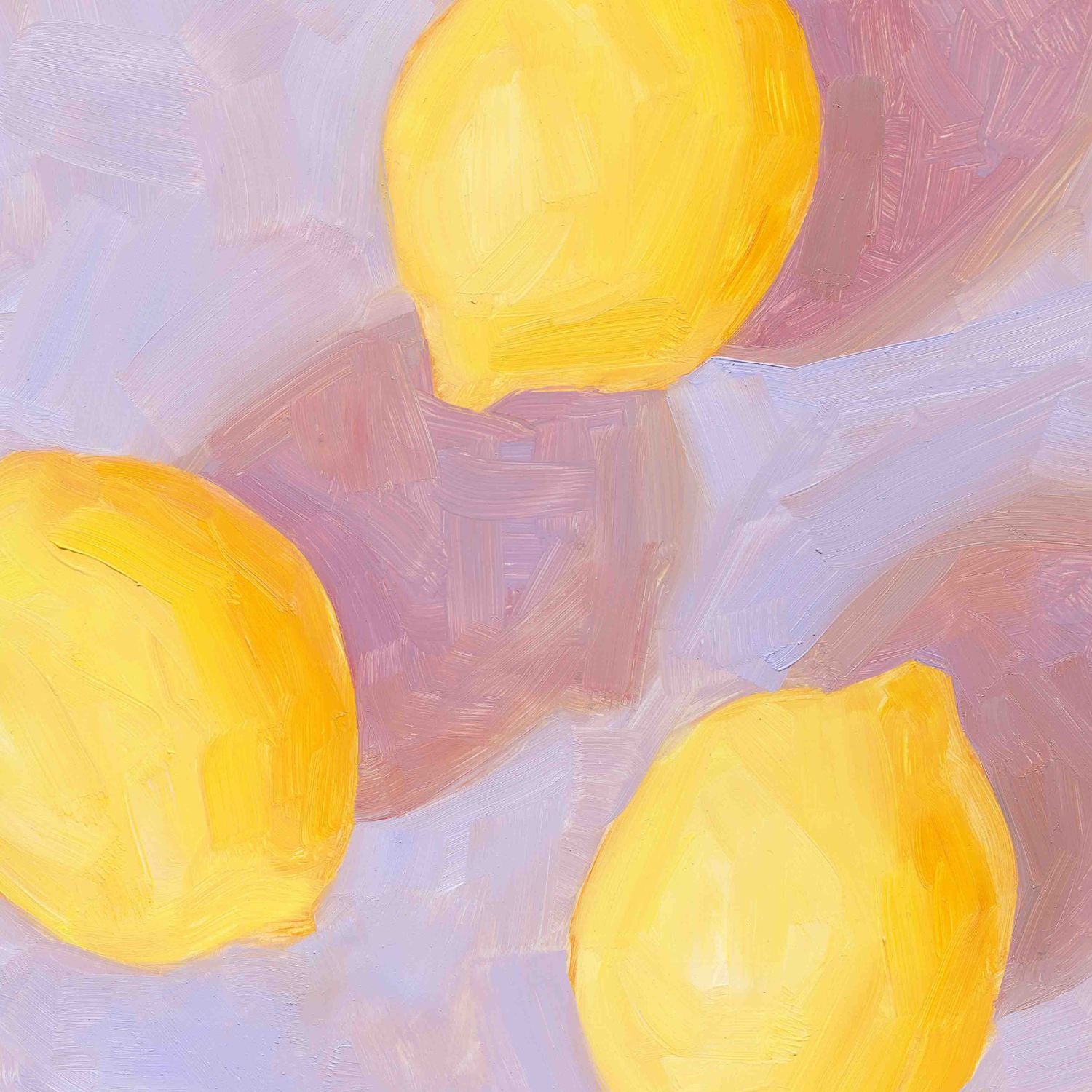 fine art paper print of an original oil painting of three vibrant lemons with strong pink shadows on a textured lilac background