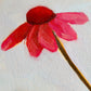 original oil painting of an echinacea flower with pink petals in a textured blue green background