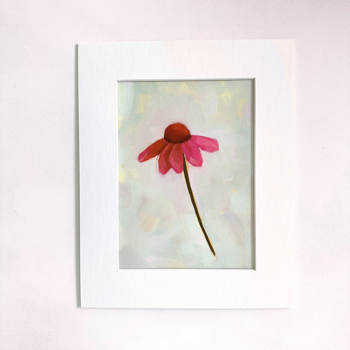 original oil painting of an echinacea flower with pink petals in a textured blue green background