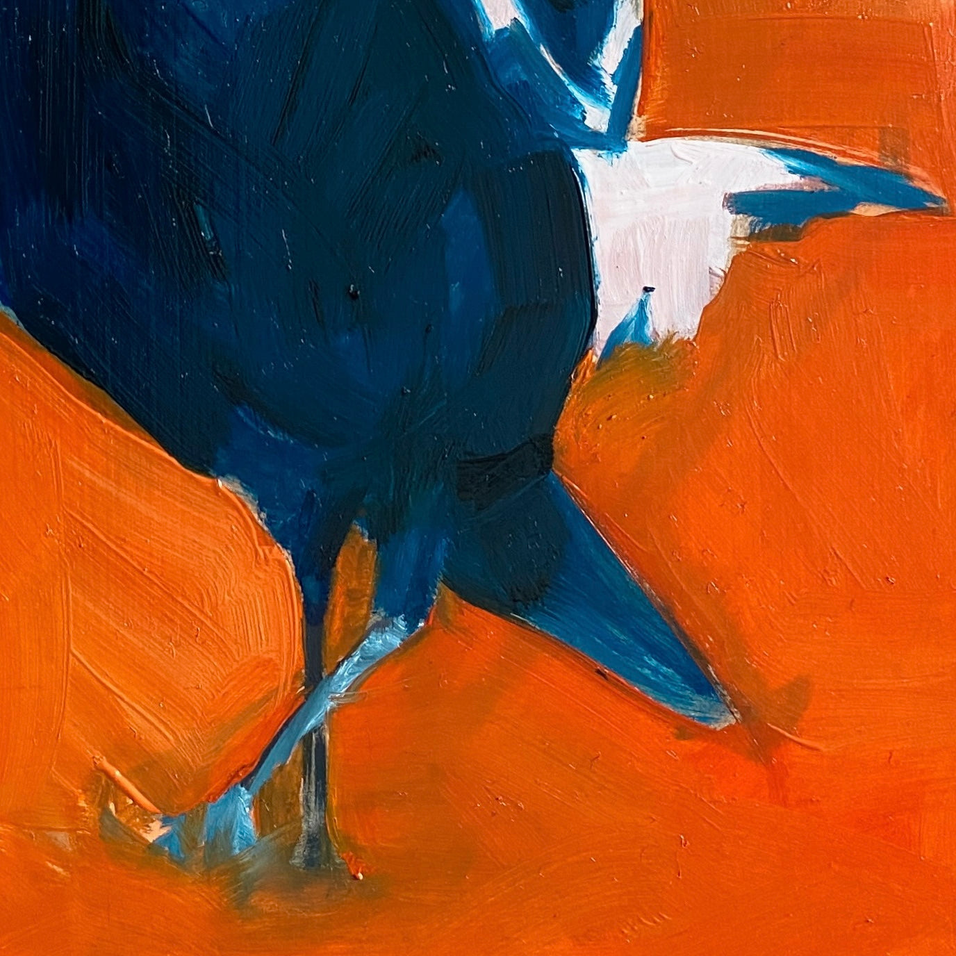 oil painting on panel closeup of the legs and tail of a magpie in blue with a bright orange background