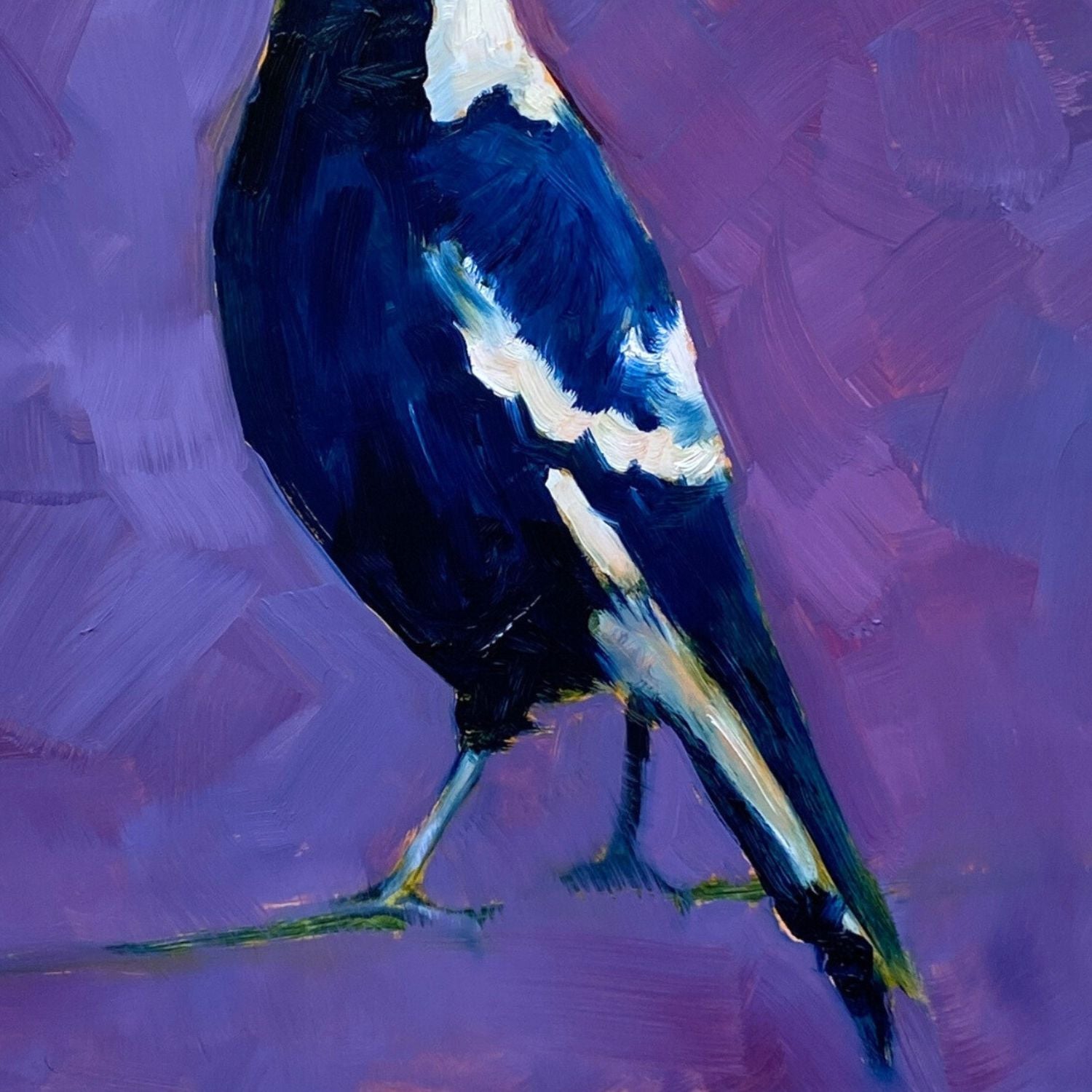 fine art print of an original oil painting of a navy blue and white magpie on a textured violet and purple background