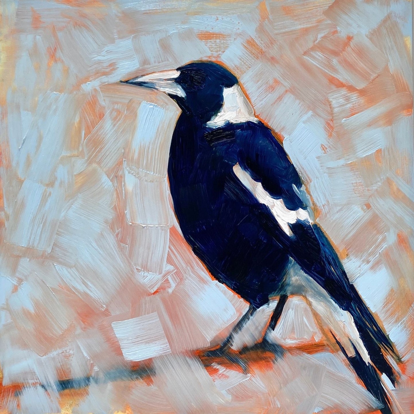 original oil painting of a navy blue and white magpie on a textured sky blue background where you can see orange coming through