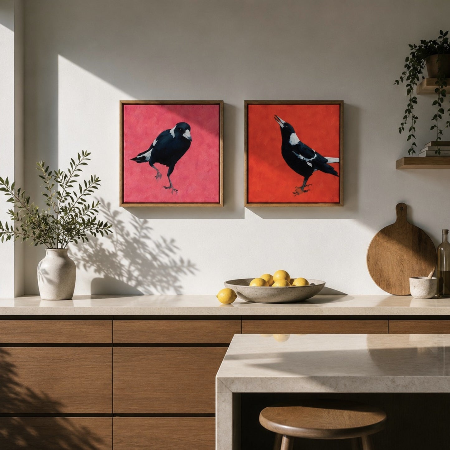 lifestyle photo of two magpie artworks over a kitchen bench