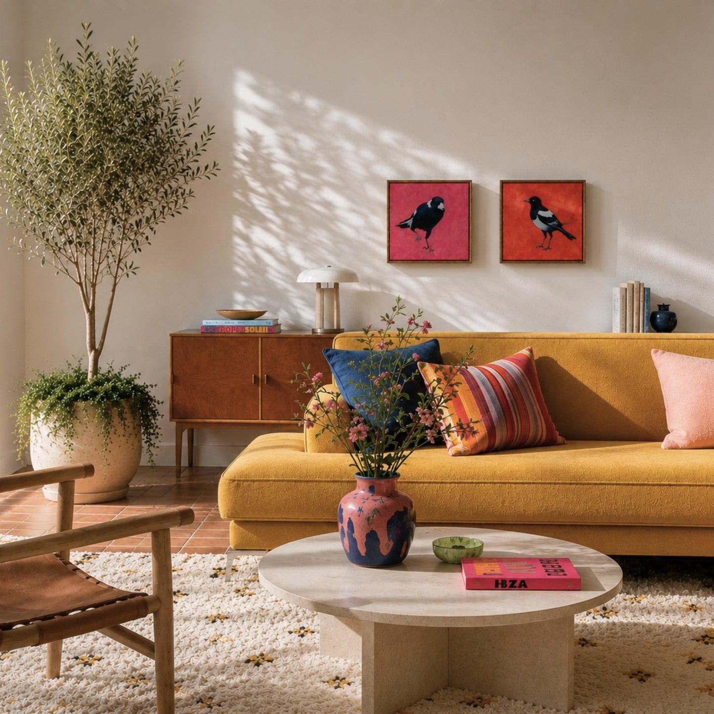 lifestyle photo of two magpie artworks in a loungeroom