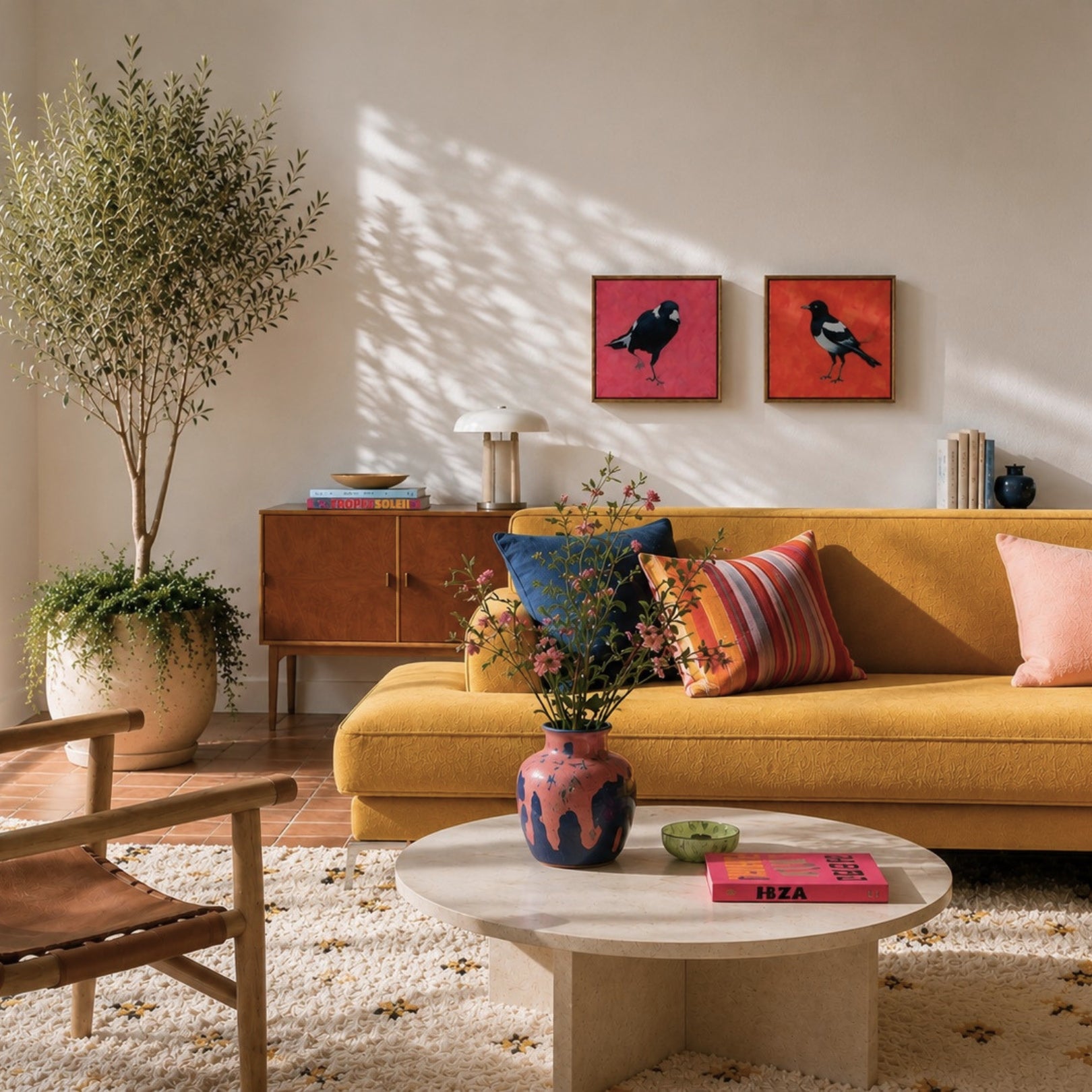 lifestyle photo of two magpie artworks in a loungeroom