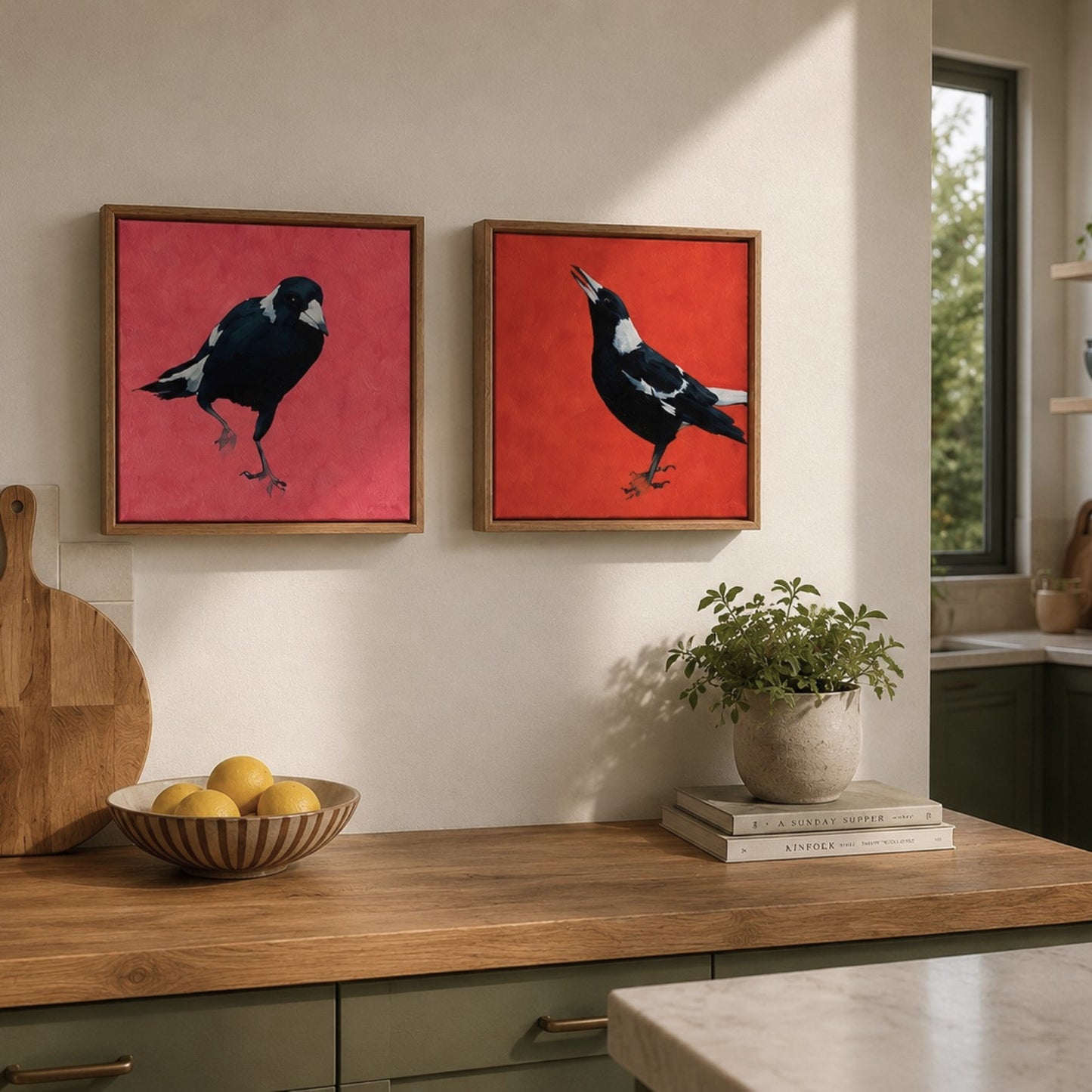 lifestyle photo of two magpie artworks over a kitchen bench